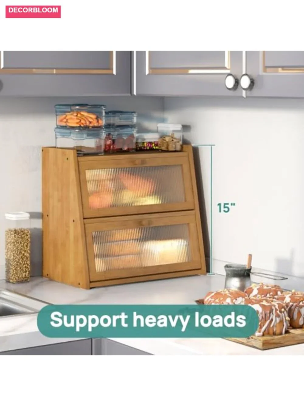 Extra Large Double Layer Bamboo Bread Box with Acrylic Wavy Door